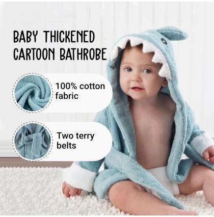 100% Cotton Embossed Bathrobe Shark-themed Baby Housecoat Dressing Gown Bath Towel Infant Body Wrapper for 0-1 Years Old