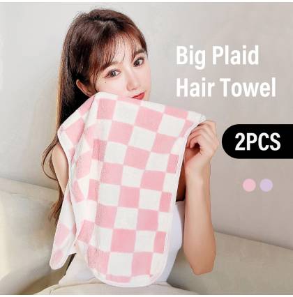 [2pcs/set] Big Plaid Hair Towel Coral Velvet Super Absorbent Ultra-Soft Head Wrap 35x75cm