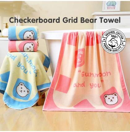 Checkerboard Grid Bear Towel 100% Cotton Highly Absorbent Sports Face Towel 3 Size Available