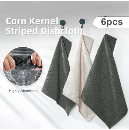 [6Pcs/set]Corn Kernel Striped Dishcloth Highly Absorbent Microfiber Kitchen Towel Household Multi-purpose Cleaning Cloth
