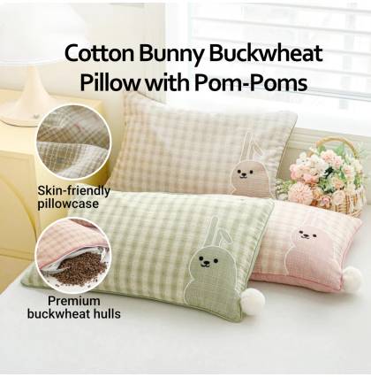 Cotton Buckwheat Pillow Washed Cotton Bunny Pillow with Pom-Poms Buckwheat Hulls Filling Adjustable Height 50×30cm