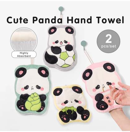 [2Pcs/set] Cute Panda Hand Towel Highly Absorbent Coral Fleece Soft & Skin-friendly Thickening 3 Colour Available