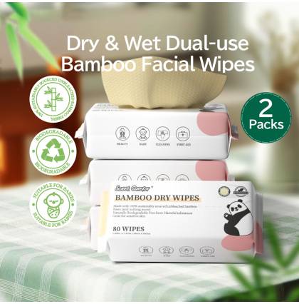 [2Packs/Set]Sweet Carefor Dry & Wet Bamboo Dual-use Facial Wipes Tissue Cleansing Makeup Towel 80 Wipes Per Adult Baby